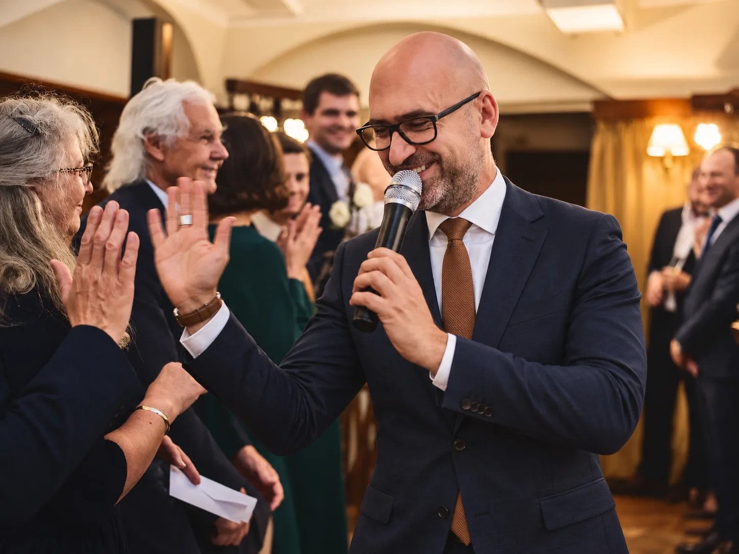 Speaking with guests at a multilingual event